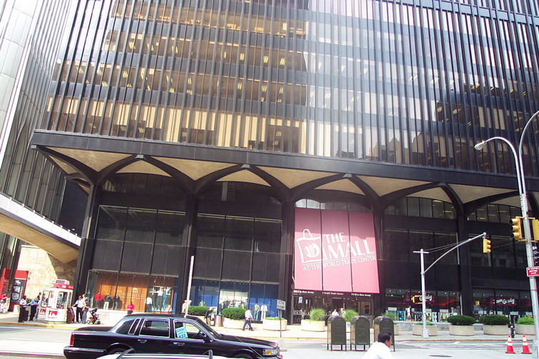 View of the south entrance to The Mall at the World Trade Center, looking north from Liberty Street on 8/21/2001..  WTC 4 is the building in most of the foreground, and WTC 2 is visible on the left of the photo.