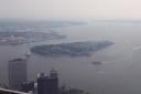 View of Governor's Island and Red Hook, Brooklyn from the observation deck of WTC 2 on 8/21/2001.